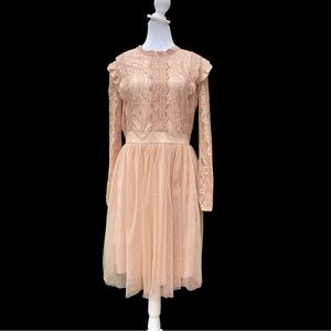 Simplee L blush rose beige Long Sleeve Dress lace bodice/arms tulle skirt